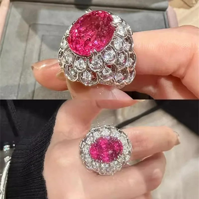 Women's Pink Rose High-Carbon Simulated Diamond Cocktail Ring, Oversized Sparkle Statement Silver 925 Jewelry for Party Wedding