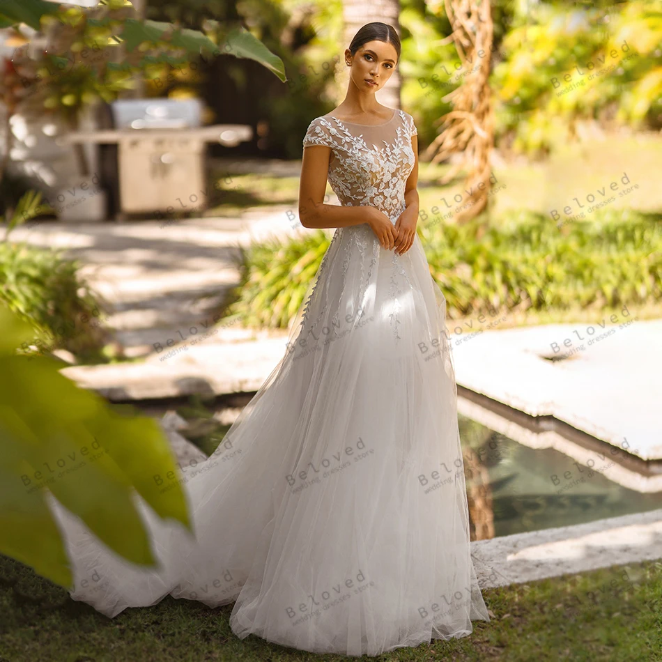 Vestidos De Novia clásicos, elegantes Vestidos De Novia con apliques De encaje, manga corta, línea A, para fiesta Formal, 2024