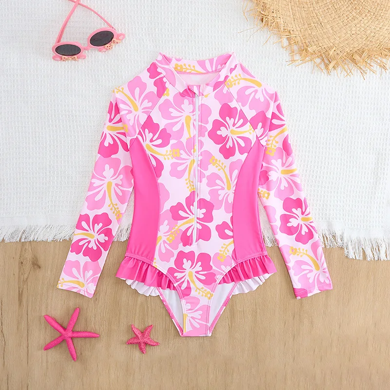 

2026 Printed Floral Girls Swimsuit One Piece Pink Kids Swimwear Female Children's Bathers Bathing Swimming Swim Suit Beachwear