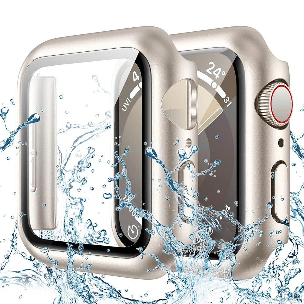 Tampa de vidro temperado para Apple Watch, PC Bumper, Screen Protector Case, 41mm, 45mm, 42mm, 38mm, 44mm, 40mm, iWatch Series 9, 8, 7, 6, 5, 4, SE