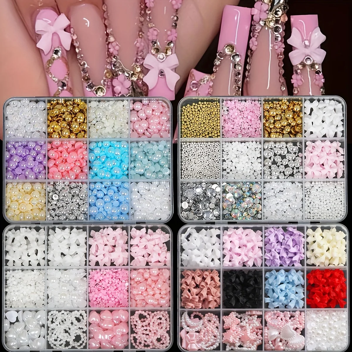 

12Grids 3D Nail Art Decoration Kit with Resin Bows, Flat Back Pearls, and Assorted Shapes Rhinestones DIY Craft Embellishments
