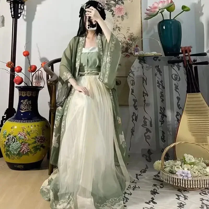 Женский китайский традиционный костюм Hanfu для косплея, платье ханьфу династии древней песни, весенне-летние Зеленые комплекты из 3 предметов, цвет XL