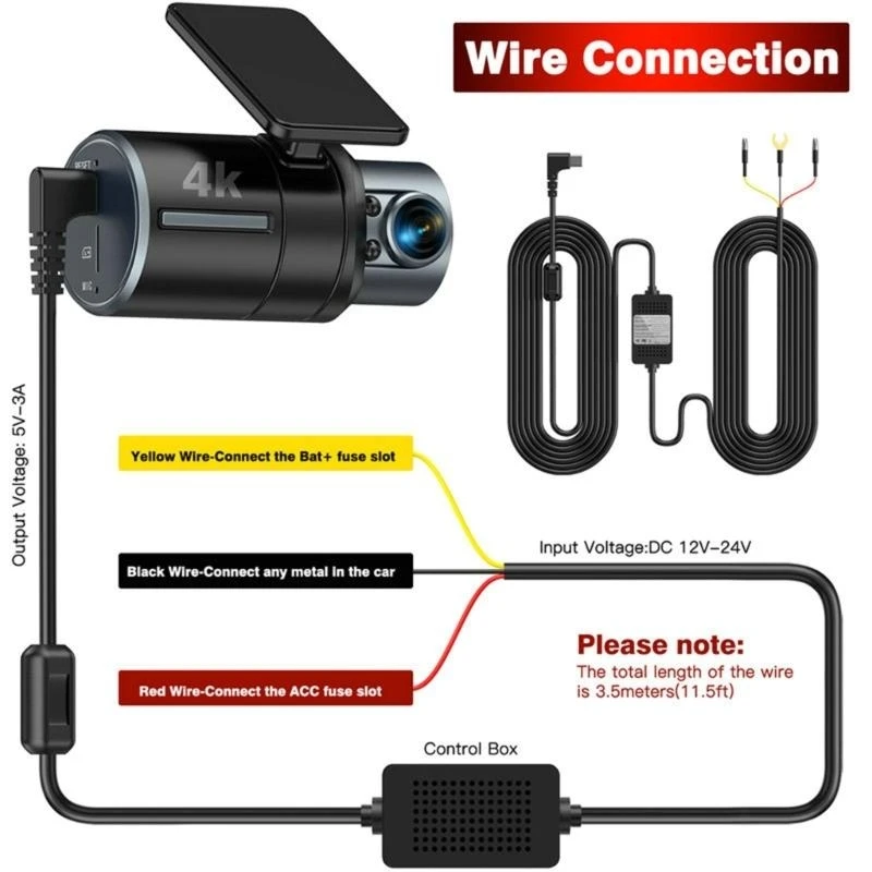 R6FA USB C Dashcam Hard Wire พร้อมการป้องกันแรงดันไฟฟ้าต่ำสำหรับการตรวจสอบเต็มเวลา