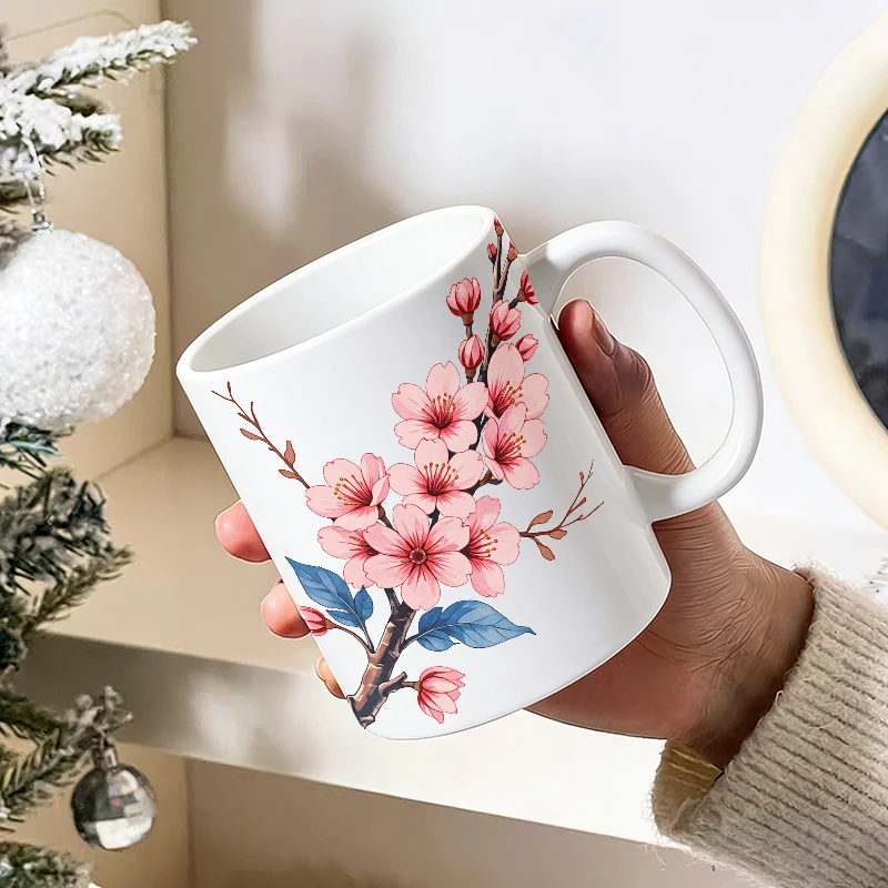 Independence Day Mug Coffee Cup Ceramic Cup Watercolor Cherry Blossom Print - Soft Pink Blooms on Cream Background