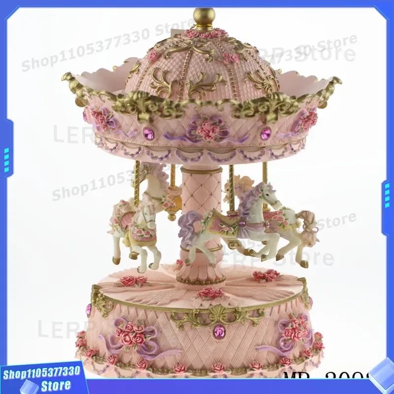 Rotating Carousel Music Box Resin Craft Up Down Lift Mechanism Decorative Ornament Unique Birthday Gift for Friends Home Desk
