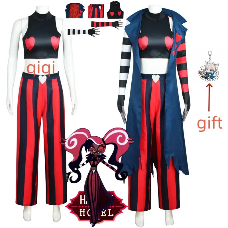 

Anime Hazbin Cos Hotel Velvet Cosplay Halloween Velvette Costume Striated Sleeve Pants Girl Vest Hoodie Blue Trench for Women