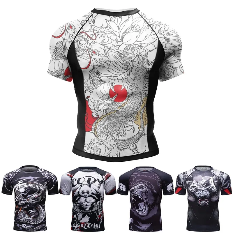 Camisetas Rashguard 3D Masculinas de Manga Curta para Treino, Fitness, MMA, Bodybuilding, Camiseta de Compressão, Camiseta Rashguard de Camada Base