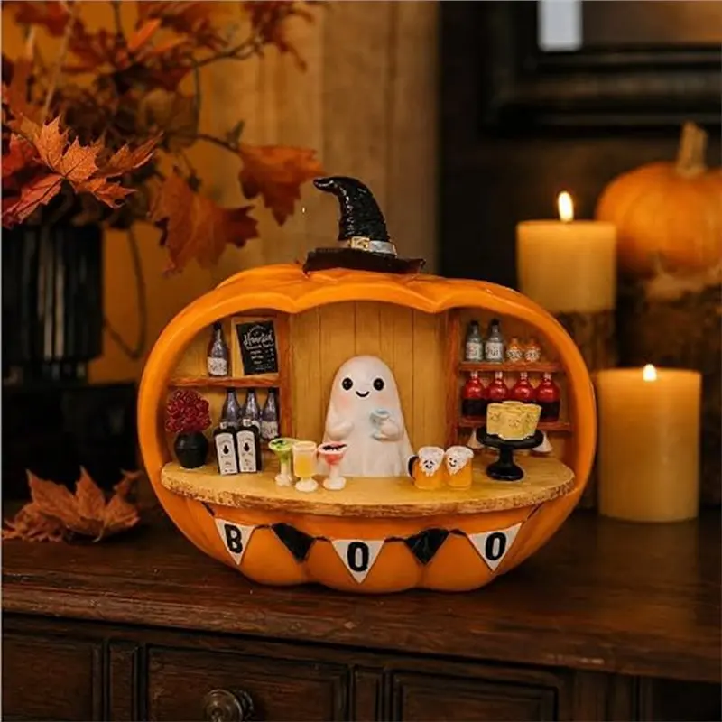 DTEN-Resin 8.7 Inch Halloween Pumpkin Ghost Bartender With Embedded Lights, Boo Style Home Decor For Bars