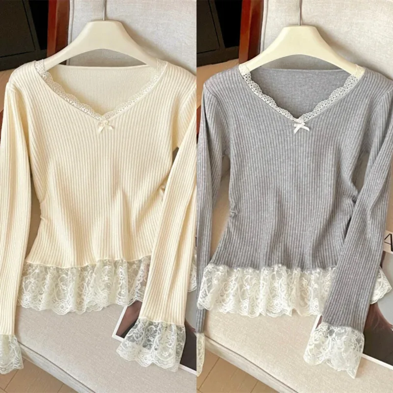Knit Bow Lace Top Shirt Women Autumn Winter Y2K Gray Sweet Short Style Inner Layer Commute Plong Sleeved Top V-neck Coats New
