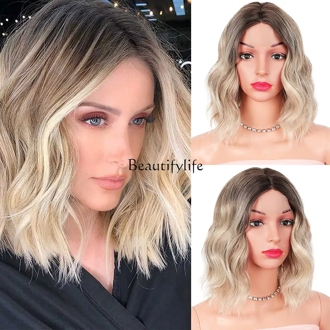 

16-Inch short roll synthetic wig with bangs loose curly hair suitable for women's daily wear