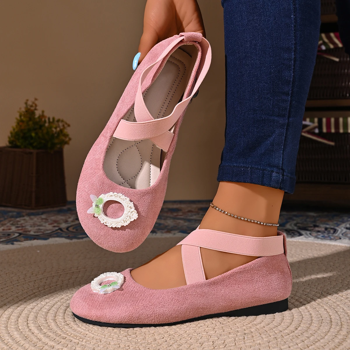 Gentle and Fresh Style Mary Jane Flat Shoes with Floral Embellishments, Elastic Ankle Wrap, Non-Slip Soft Sole, All-Day Wear Women's Shoes