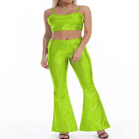 Plus Size Pole Dancing Pant Sets Shiny Holographic Crop Top and Wide Leg Pants Womens Club Party Trousers Outfits Streetwear