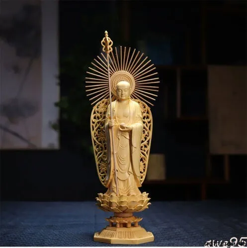 Boxwood Wood Carved Tang Sanzang Seng Ksitigarbha Boddhisattva Lotus Sculpture