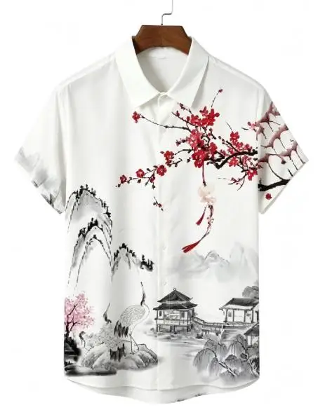 Plum Blossom Crane Ancient Building Pattern Mens Camp Collar Shirt Oriental Style Blouse
