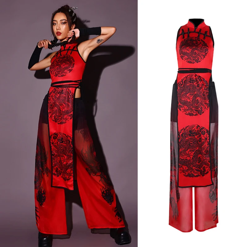 

2023 New Jazz Dance Costumes For Women Chinese Style Red Outfits Nightclub Bar Dj Performance Costumes Street Dancewear DN14791