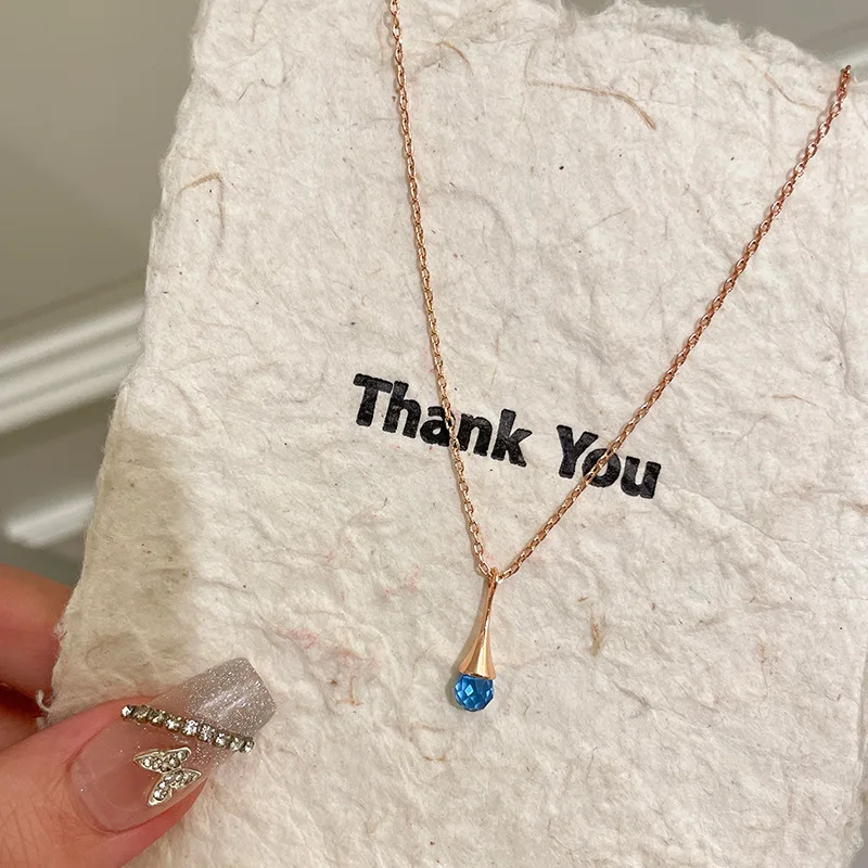 Simple blue water droplet crystal pendant necklace with high-end light luxury collar chain new in party fine jewelry gift