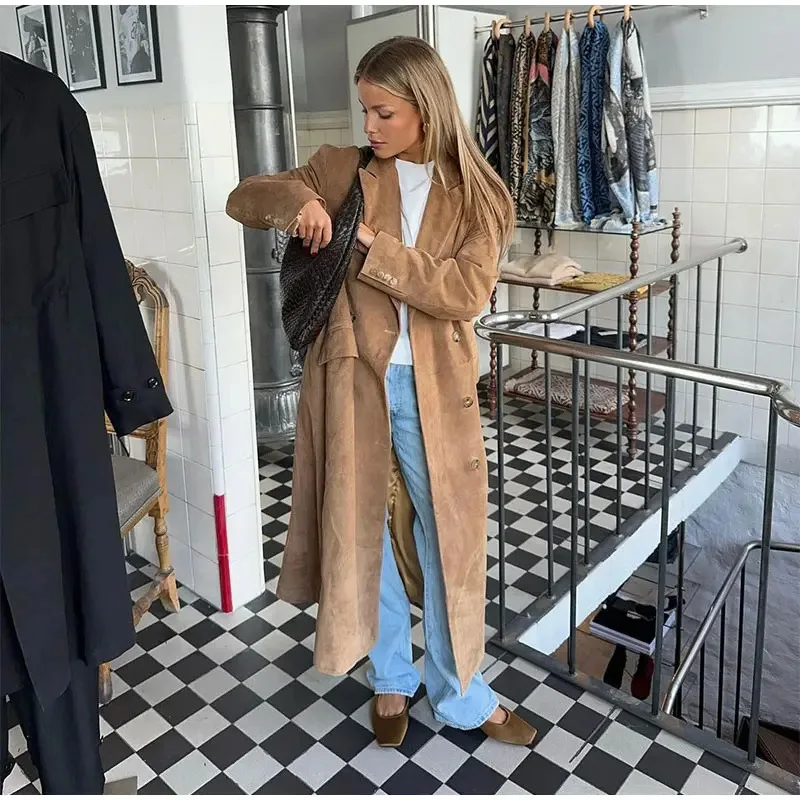 

Women Fashion Brown Plush Coat Chic Lapel Long Sleeve Double-breasted Oversize Jackets Autumn Office Lady Commuting Outwear 2024