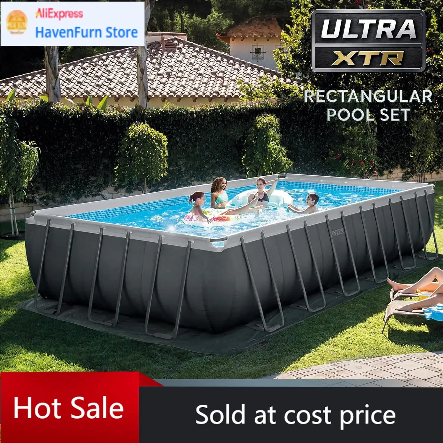 Precio de la actividad: Piscina rectangular elevada de 24 pies x 12 pies x 52 pulgadas, incluye bomba de filtro de arena, fácil de montar.