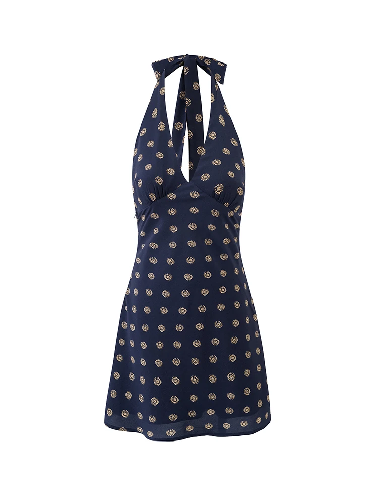 Chu Sau beauty Women New Fashion Vintage Print Chic Sleeveless Mini Dress Sexy Slim Backless Halter Neck Short PartyDresses