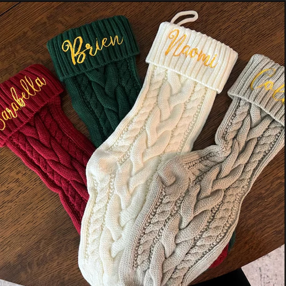 

Personalized Christmas Stocking Red Green Cable Knitted socks Custom Embroidered Holiday Gift Stocking with Name Merry Christmas