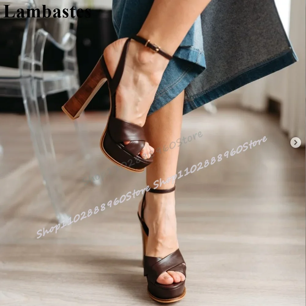

Coffee Cross Strap Leather Platform Sandals Chunky High Heel Women Shoes Ankle Buckle Strap Open Toe Occidental Women Sandals