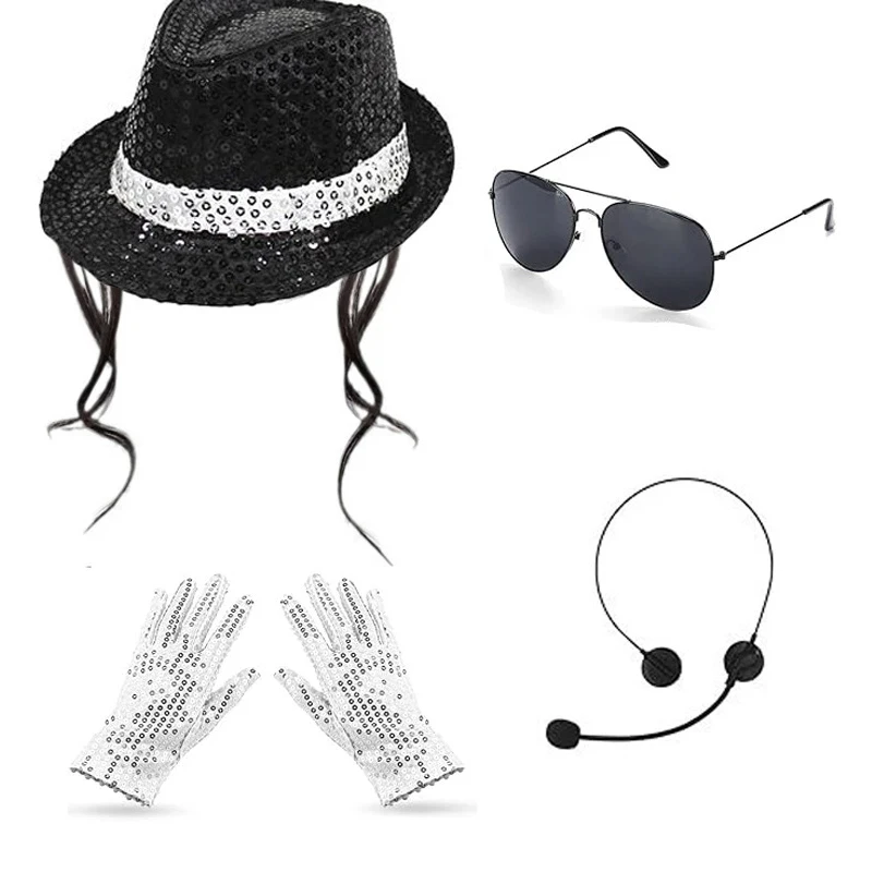 Conjunto de Chapéu, Gravata e Luvas com Lantejoulas para Performance de Palco, Estilo Cosplay Michael Jackson