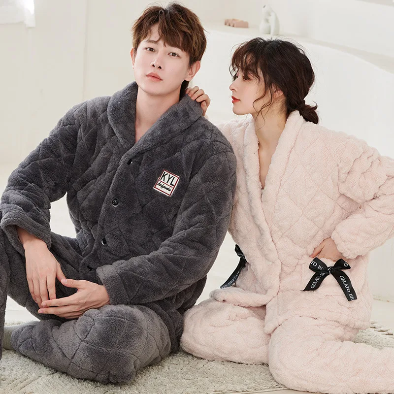 

Couple Flannel Homewear Male Loose Casual Sleepwear Autunm Winter New Female Long Sleeve Coral Velvet Pajamas Nightwear