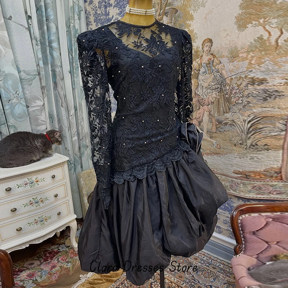 Simple Crew Neck Long Sleeves Evening Dress Customized A-Line Black Classic Party Dress High Quality Lace Bespoke Occasion Gowns