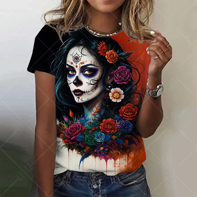 Meksykański Dzień Zmarłych Koszulka damska z nadrukiem 3D Róża Catrina Bogini O-Neck Koszulki z krótkim rękawem Streetwear Y2k Odzież dla dziewczynek