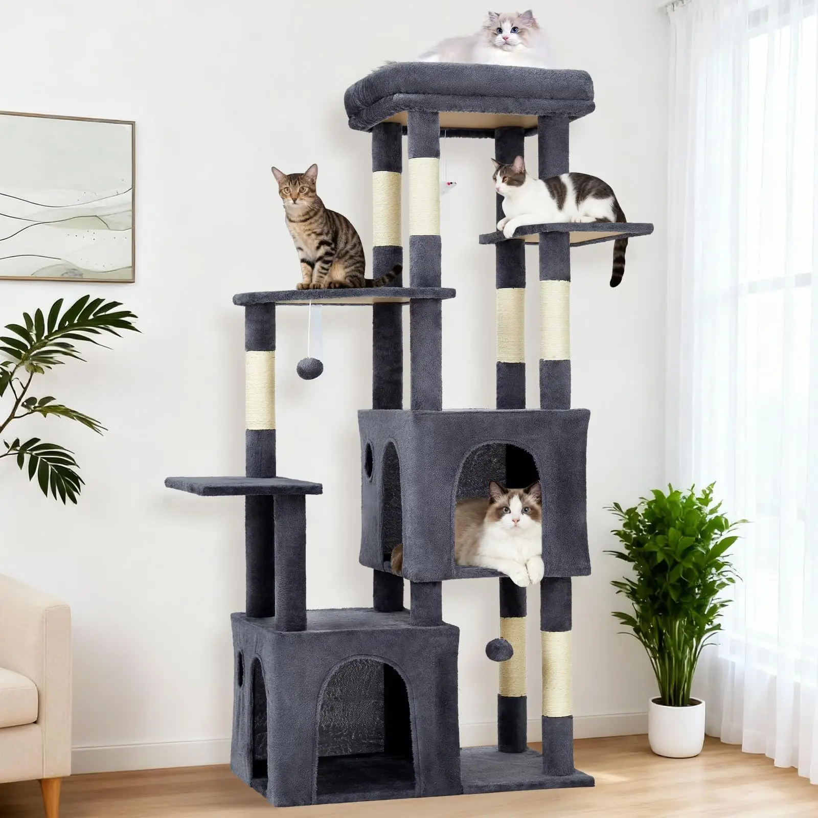 

61" Heavy-Duty Multi-Level Cat Tree For Large Cats Oversized Perch & Dual Condos Natural Sisal Posts For Maine Coon