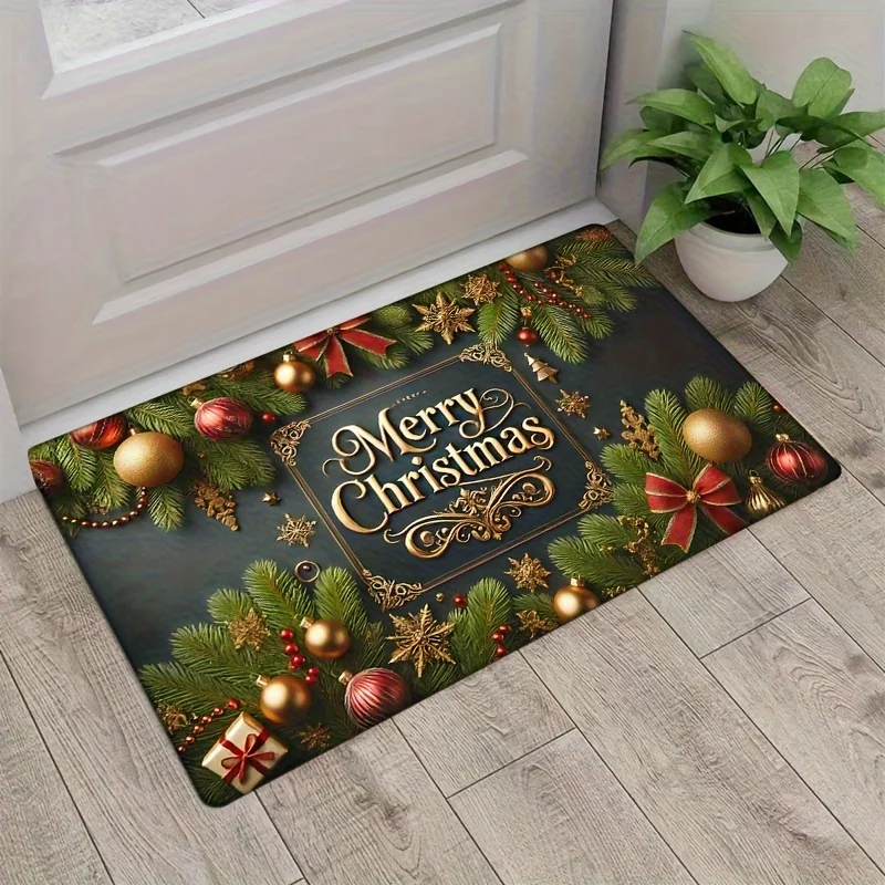 Merry Christmas Flannel Door Mat Carpet, Festive Tree Ball Design Non-Slip  Thick Sponge for Bedroom Kitchen Bathroom Decor