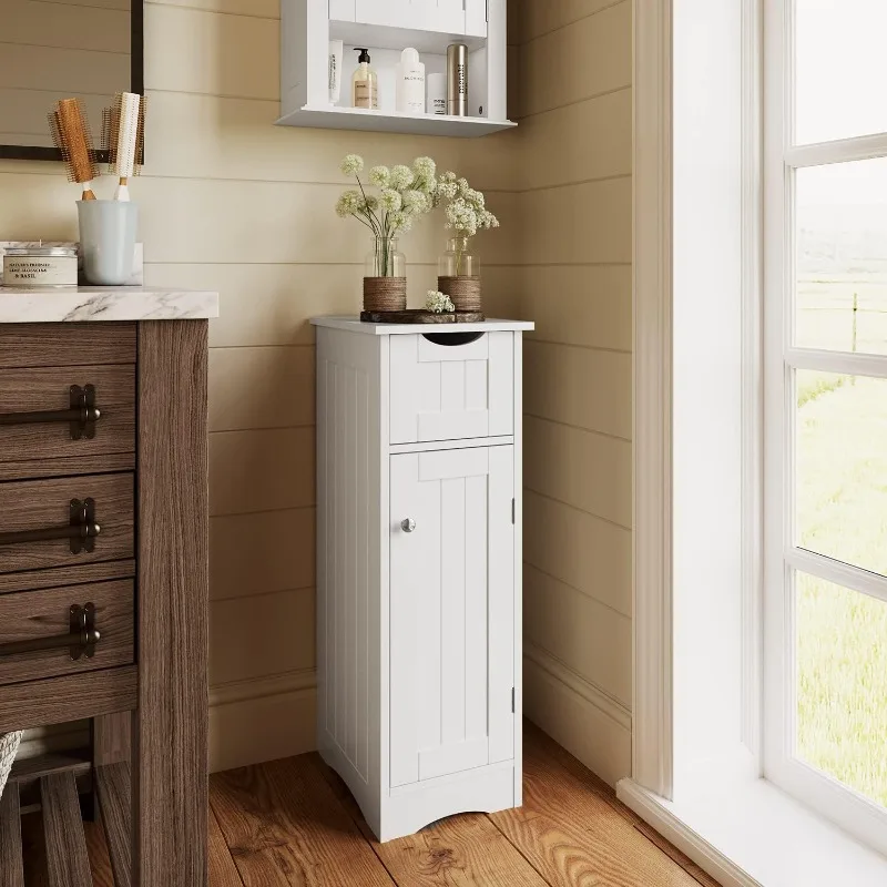 Ashland Slim Linen Cabinet with Drawer - White - Narrow Storage Cabinet for Bathroom Slim Storage with Drawer