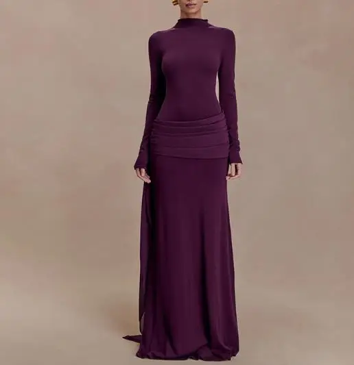 

Slim Fit Women's Dress Spring Fashion Elegance Simple Stand Up Collar Pleated Splicing High Waisted Long Sleeved Banquet Dress