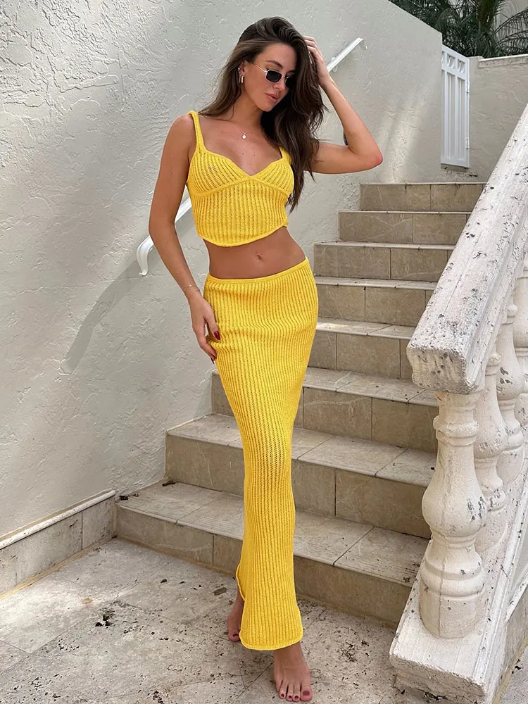 Fashion 2PCS Knit Tie Top Slim Half Long Skirt Suit Crochet Maxi Skirt Set Summer Vacation Party Knit 2-Piece Woman Clothes S84