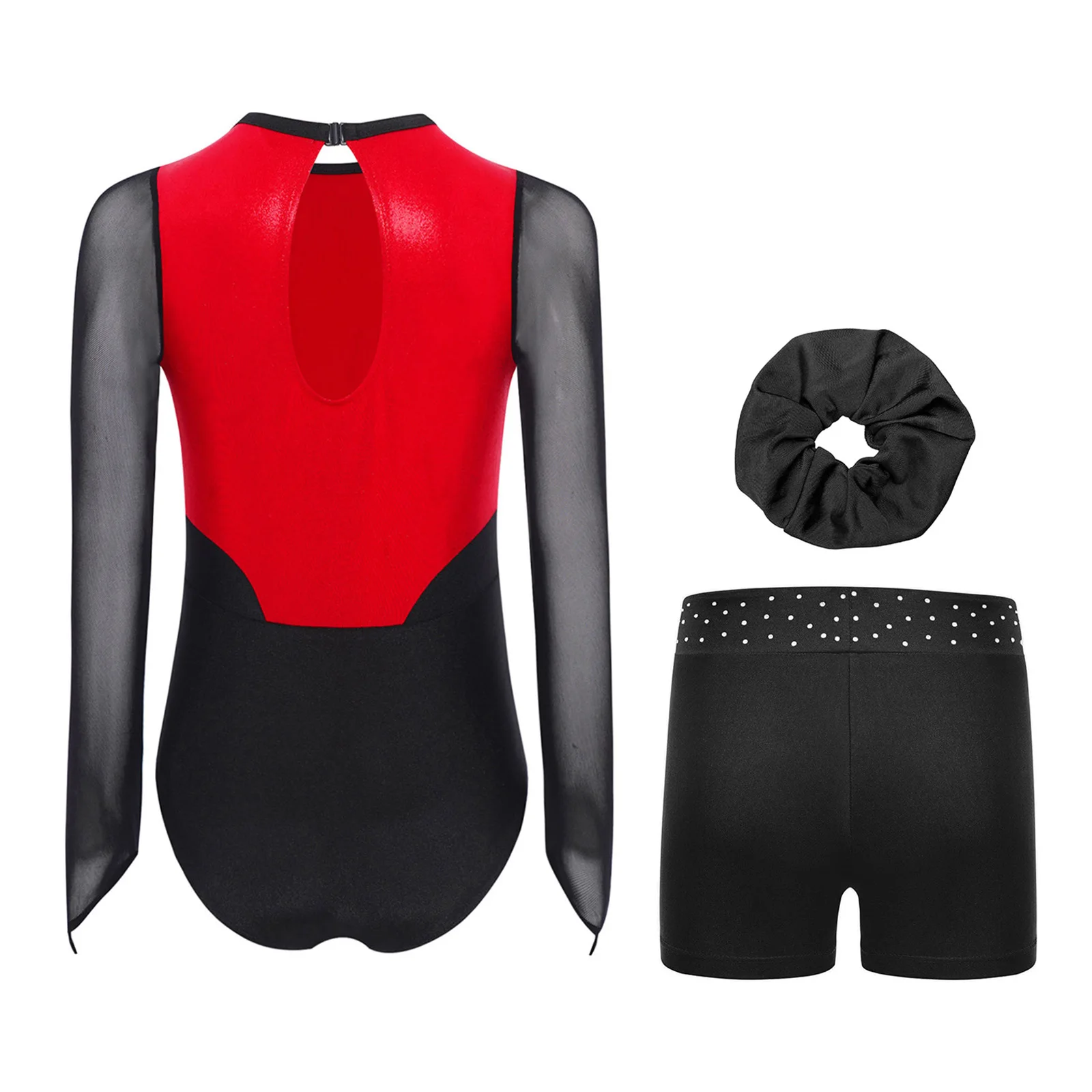 

Kids Girls Gymnastics Jersey Outfit Metallic Long Sleeve Jumpsuit Teens Figure Skating Ballet Dance Leotard with Shorts Headwear