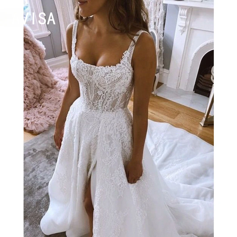 Vintage Square Neck Split Wedding Dress 2024 with Lace A-Line Long Tulle Wedding Gowns Vestido De Noiva robe de mariage