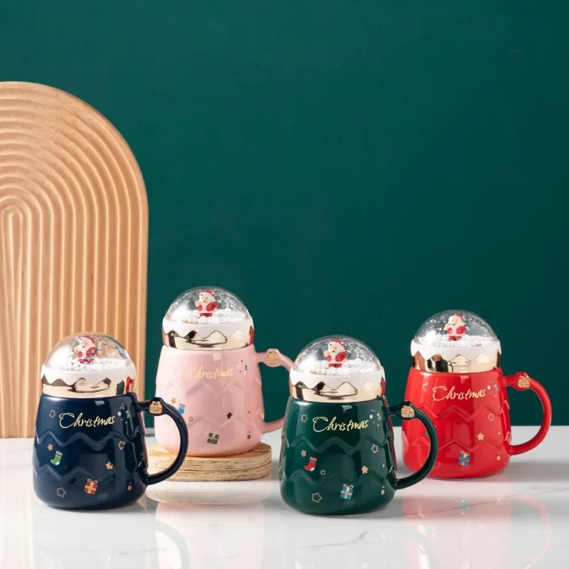 Christmas Mugs Santa Claus Figurines Ceramic Cup with Snowball landscape Lid Creative Xmas Gift Office Home Milk Coffee Cup