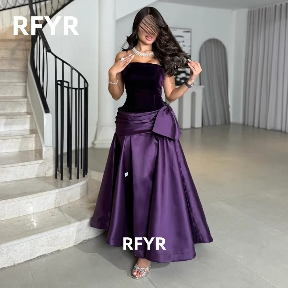 RFYR-vestido morado de celebridad, vestido de fiesta de corte A con lazo, vestido de noche de satén de terciopelo para mujer, personalizado