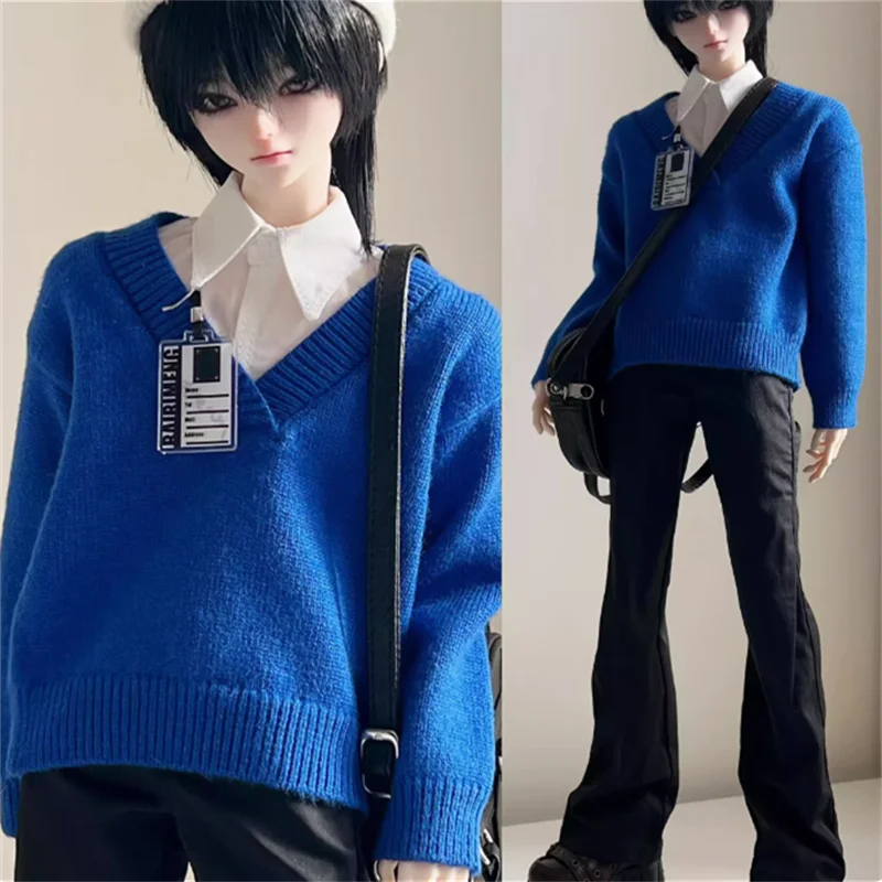 BJD Doll Clothes For ID75 1/4 Dolls Green Black White Blue V-neck Long Sleeved Sweater (Only Sweater No Doll No T-shirt)