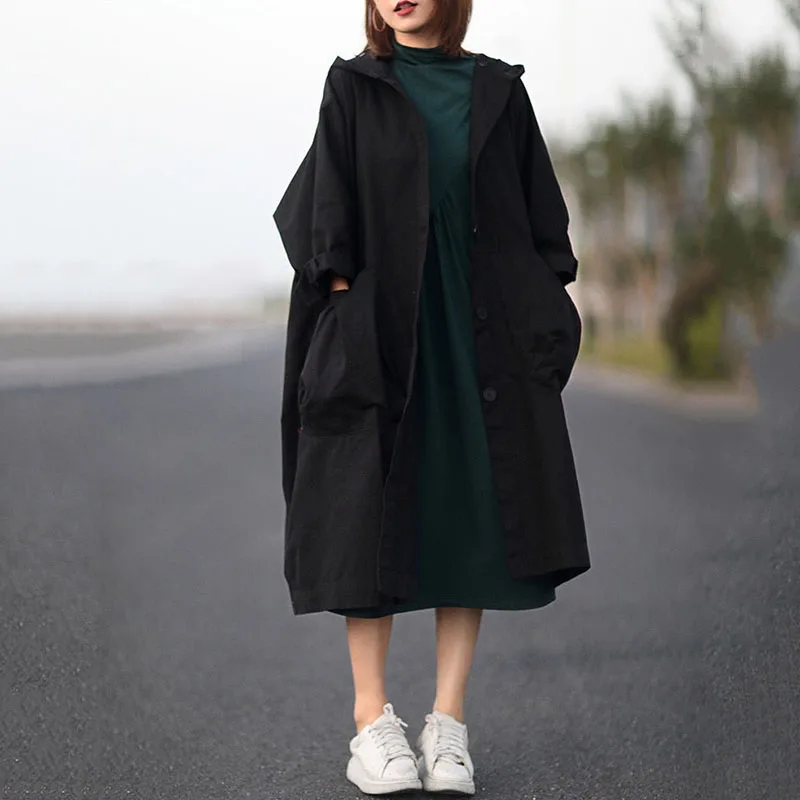 Hooded Trench Coat Women\'s Autumn Loose Pocket Minimalism Comfortable Long Coat  Casual Harajuku Solid Color Street Fashion