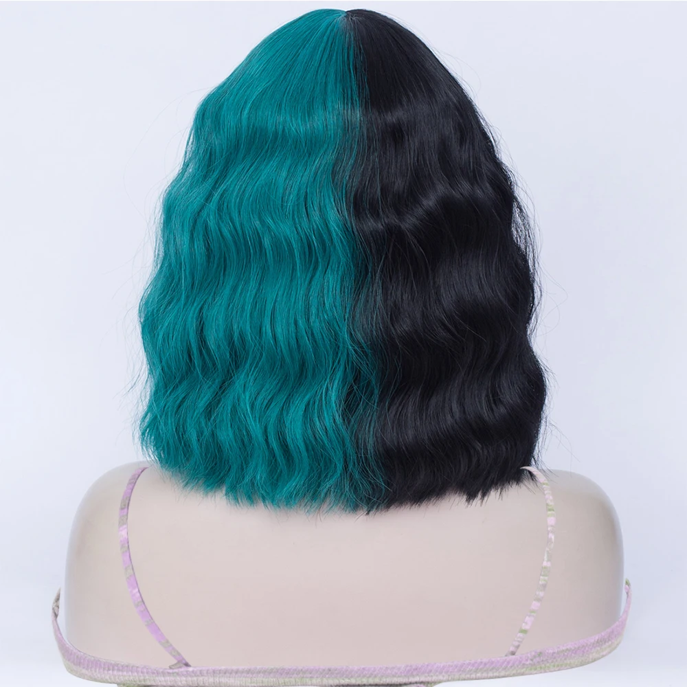 المرأة تأثيري الباروكات الاصطناعية قصيرة مجعد أسود أخضر مزدوجة الإملائي اللون الباروكات مع الانفجارات لوليتا هالوين حزب الشعر وهمية