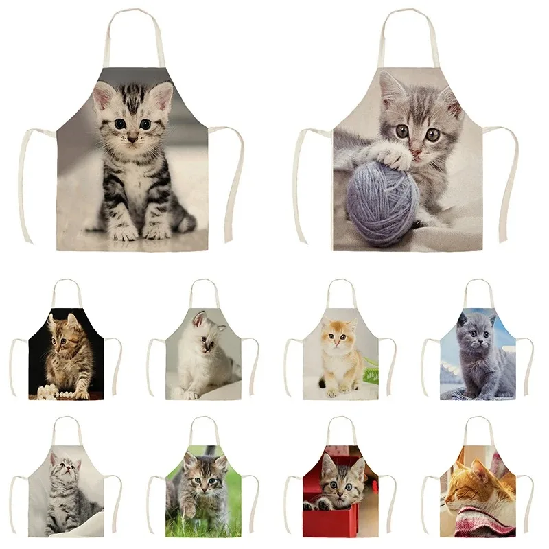 Kitchen Apron  Lovely Cat Printed Linen Aprons for Men Women Home Cleaning Tools Cooking Baking Accessories Delantal Cocina