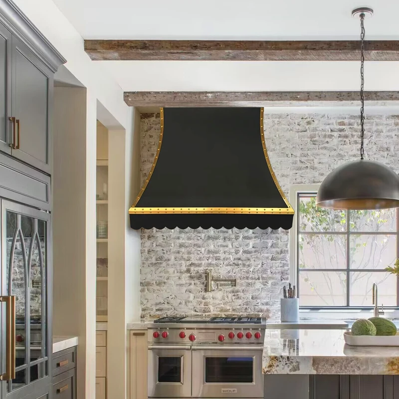 Industry Style Luxury Custom Copper Kitchen Rangd Hood Designer Vent Hood with ORB  Bell Straps and Rivets Accents