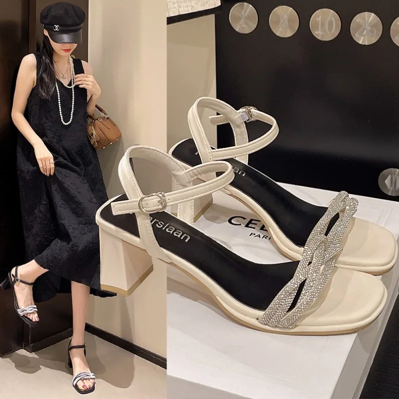 2025 Summer Female Sandal High Heels Retro Woman Shoes Buckle Strap Med Girls High-heeled Original New Block Comfort Rhinestone