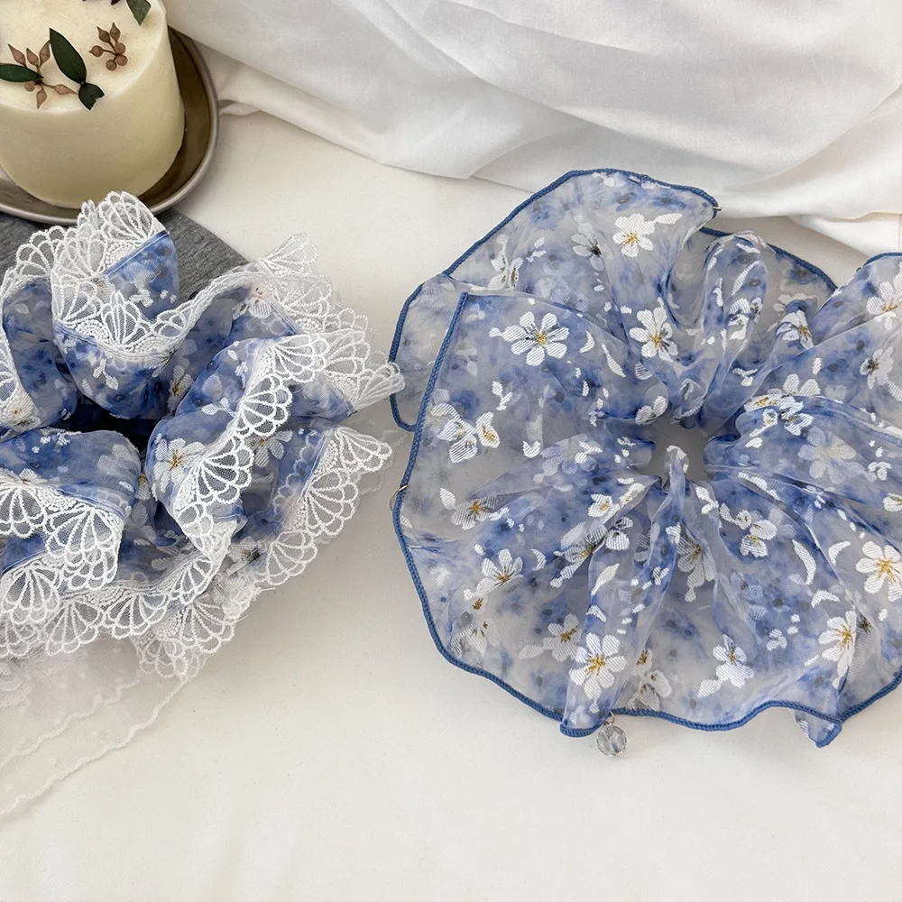 

Summer atmosphere floral mesh fringed hair band large intestine super fairy tied flower ponytail elastic scrunchie accessories