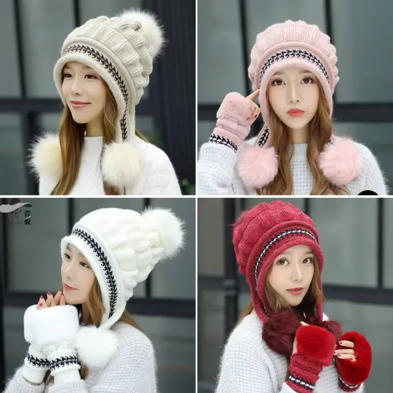 

Fashion Winter Beanie Hats with Earflaps & Gloves Set Casual Beret Knitted Beanies Caps for Women Neck Ear Warmer A009