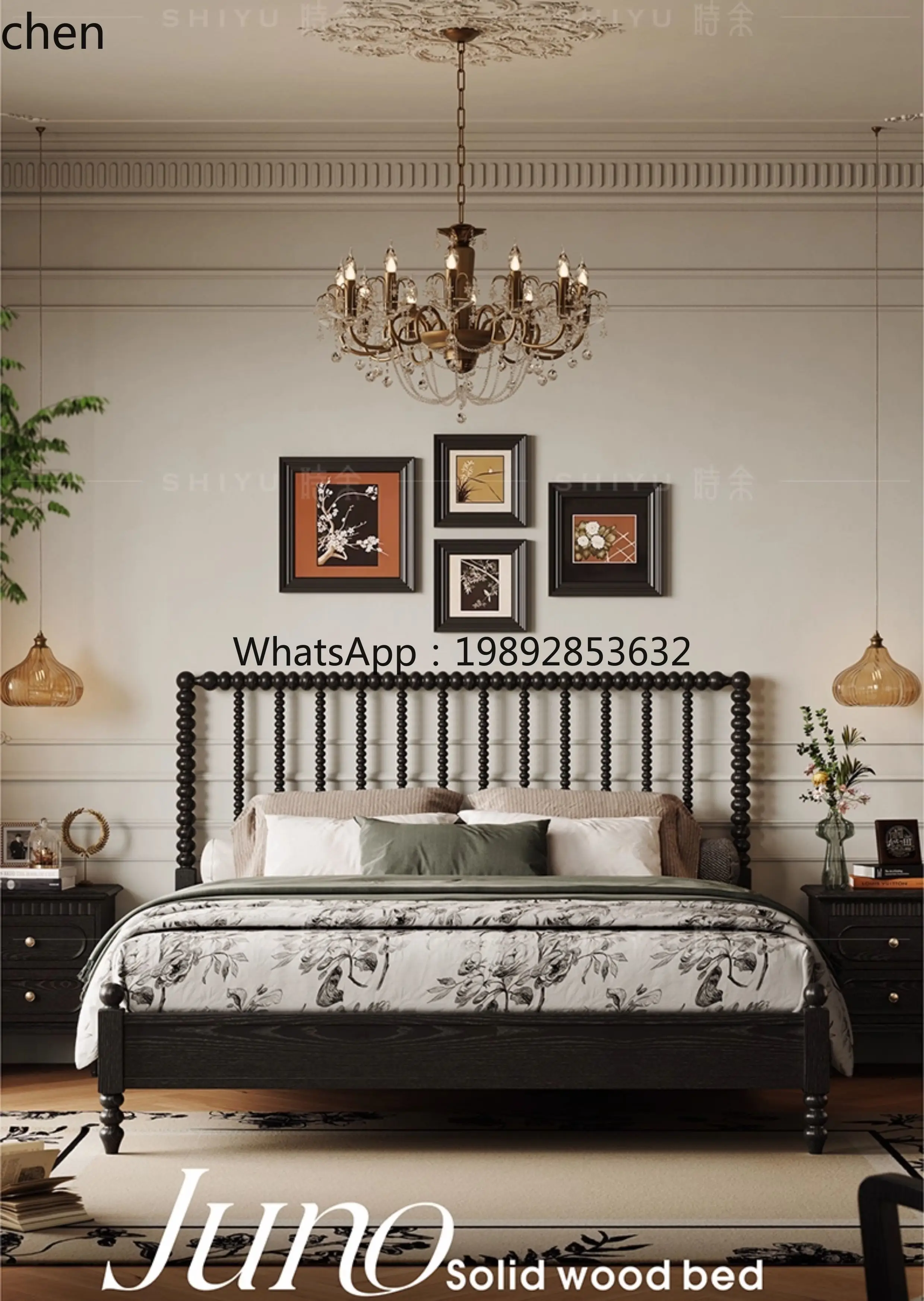 HT French Retro Style Solid Wood Bed Black American Country Simple 1.8m Double Bed Master Bedroom Marriage Bed