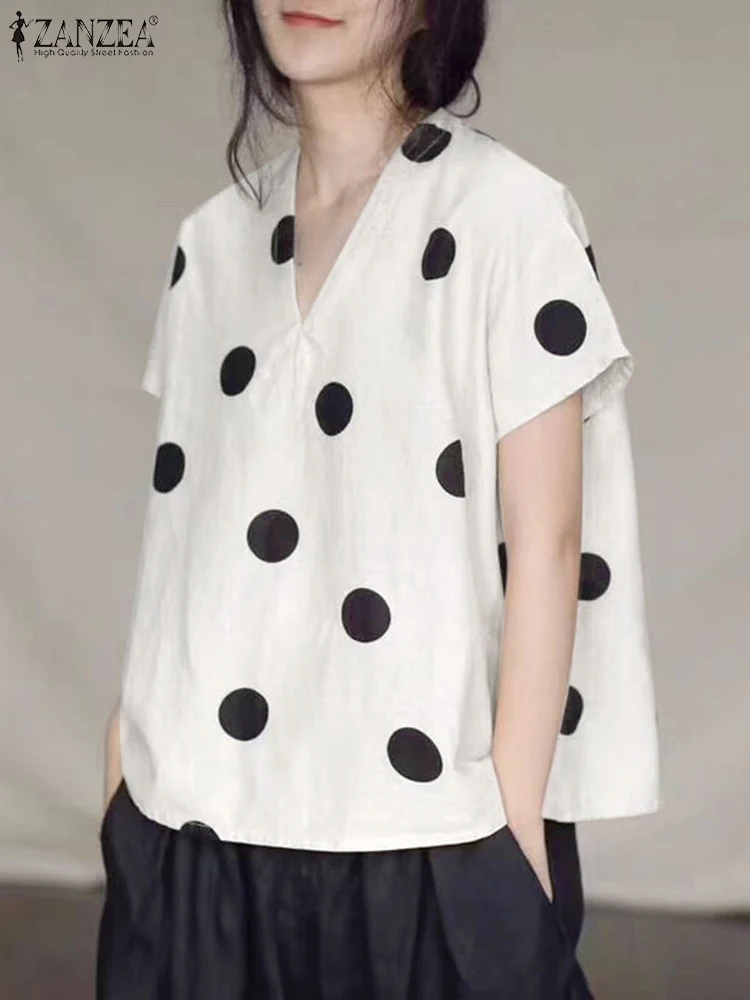 ZANZEA Korean Women Polka Dot Blouse 2024 Fashion Summer V-Neck Tops Shirt Casual Loose Short Sleeve Tunic Daily Simple Blusas