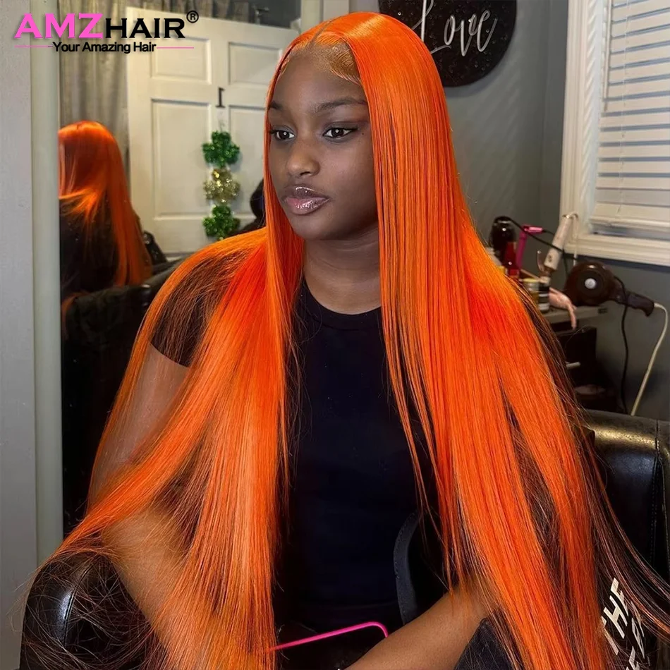 Pelucas de cabello humano con encaje Frontal naranja jengibre 13x4, peluca Frontal de encaje transparente liso de hueso brasileño para mujeres prearrancadas