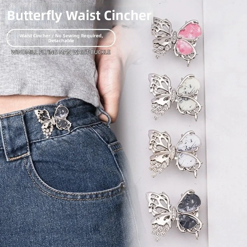 Nonsewing Metal Butterfly Waist Tightener Detachable Adjustable Button Tightener Alloy Rhinestones Waist Tightening Clip Pants
